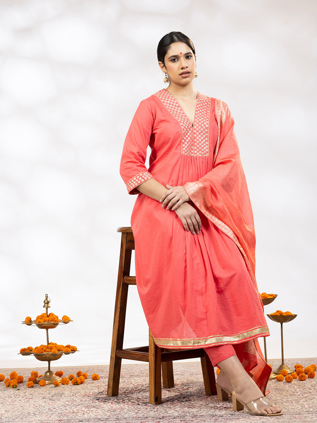 Utsav Women Peach Zari Embroidered Suit - Set of 3