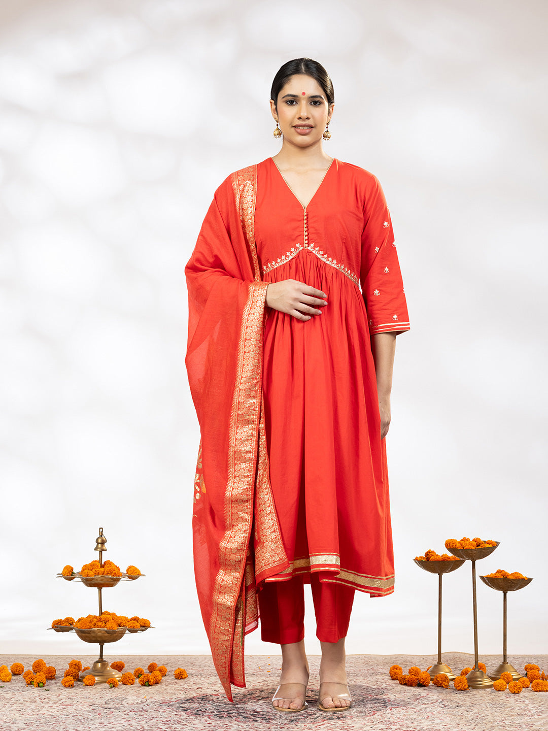 Utsav Women Red Zari Embroidered Suit - Set of 3
