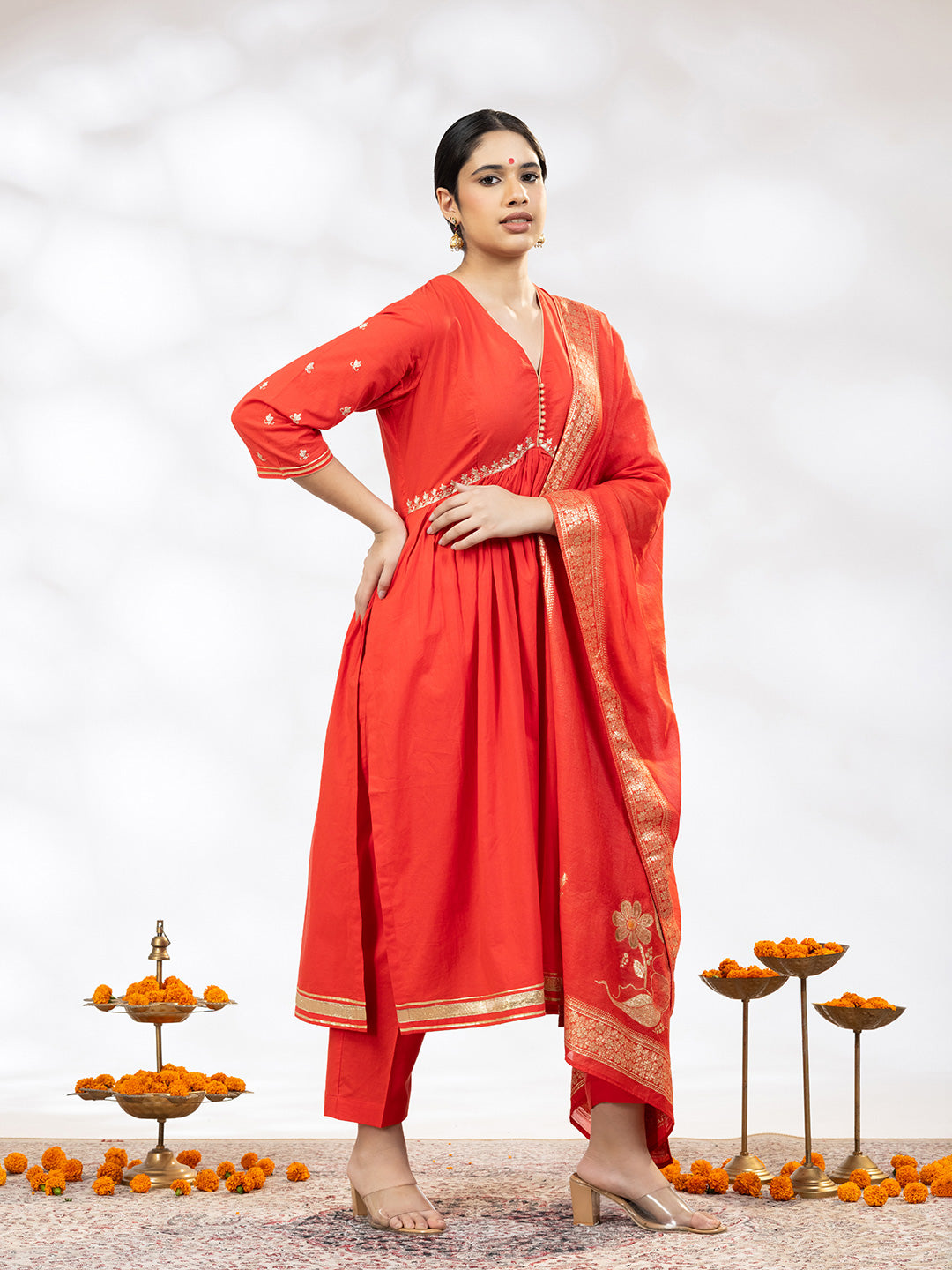 Utsav Women Red Zari Embroidered Suit - Set of 3