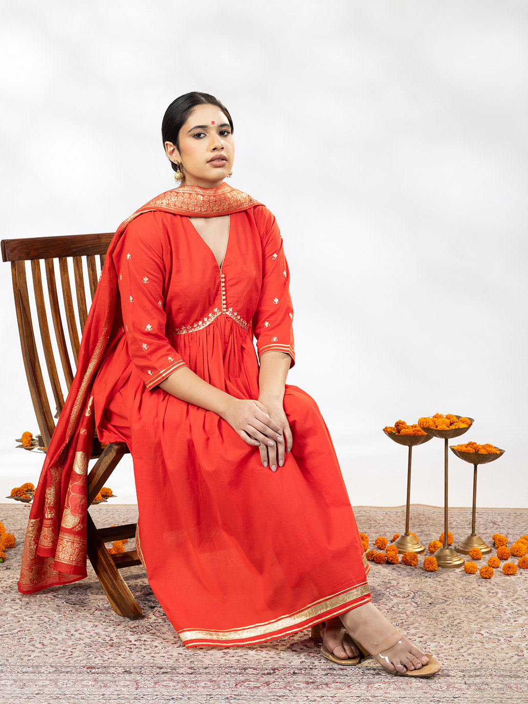 Utsav Women Red Zari Embroidered Suit - Set of 3