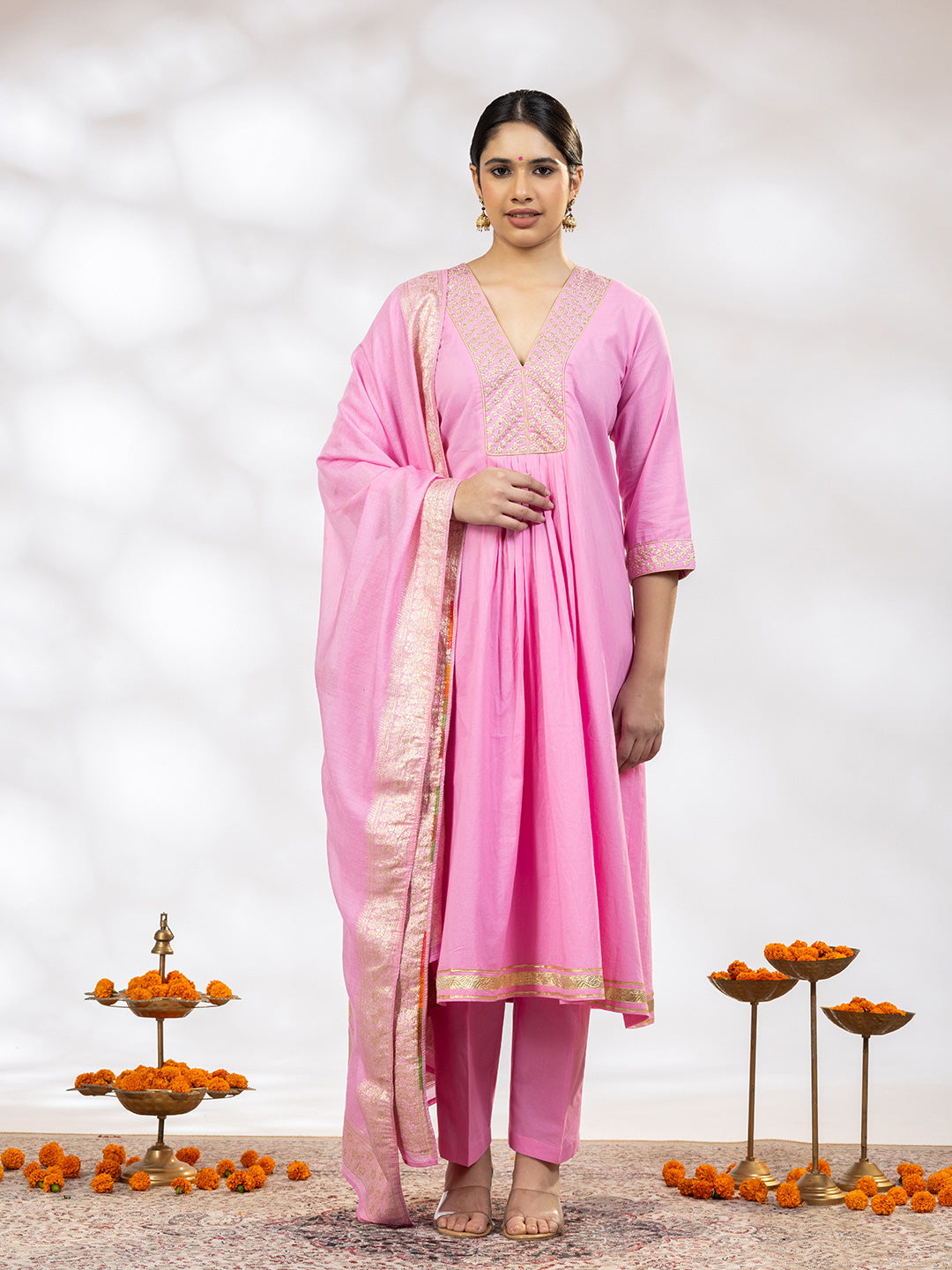 Utsav Women Pink Zari Embroidered Suit - Set of 3