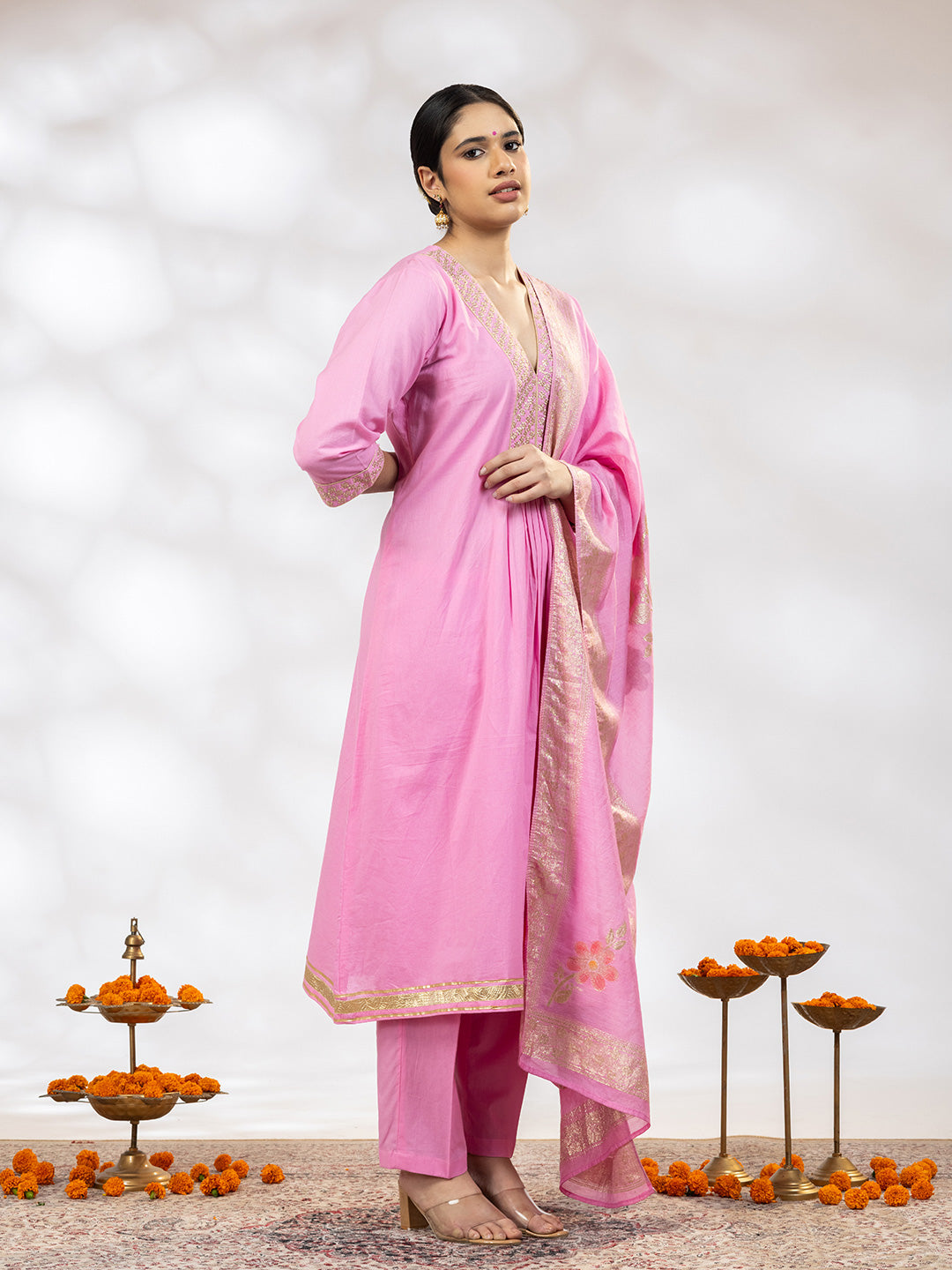 Utsav Women Pink Zari Embroidered Suit - Set of 3