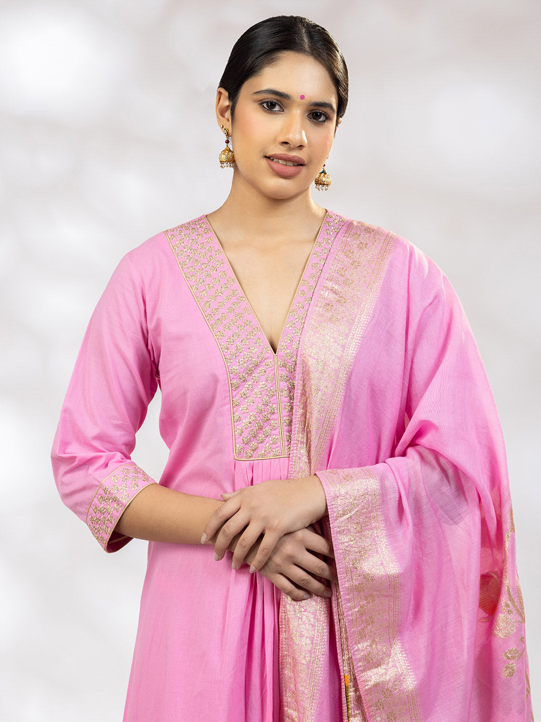 Utsav Women Pink Zari Embroidered Suit - Set of 3