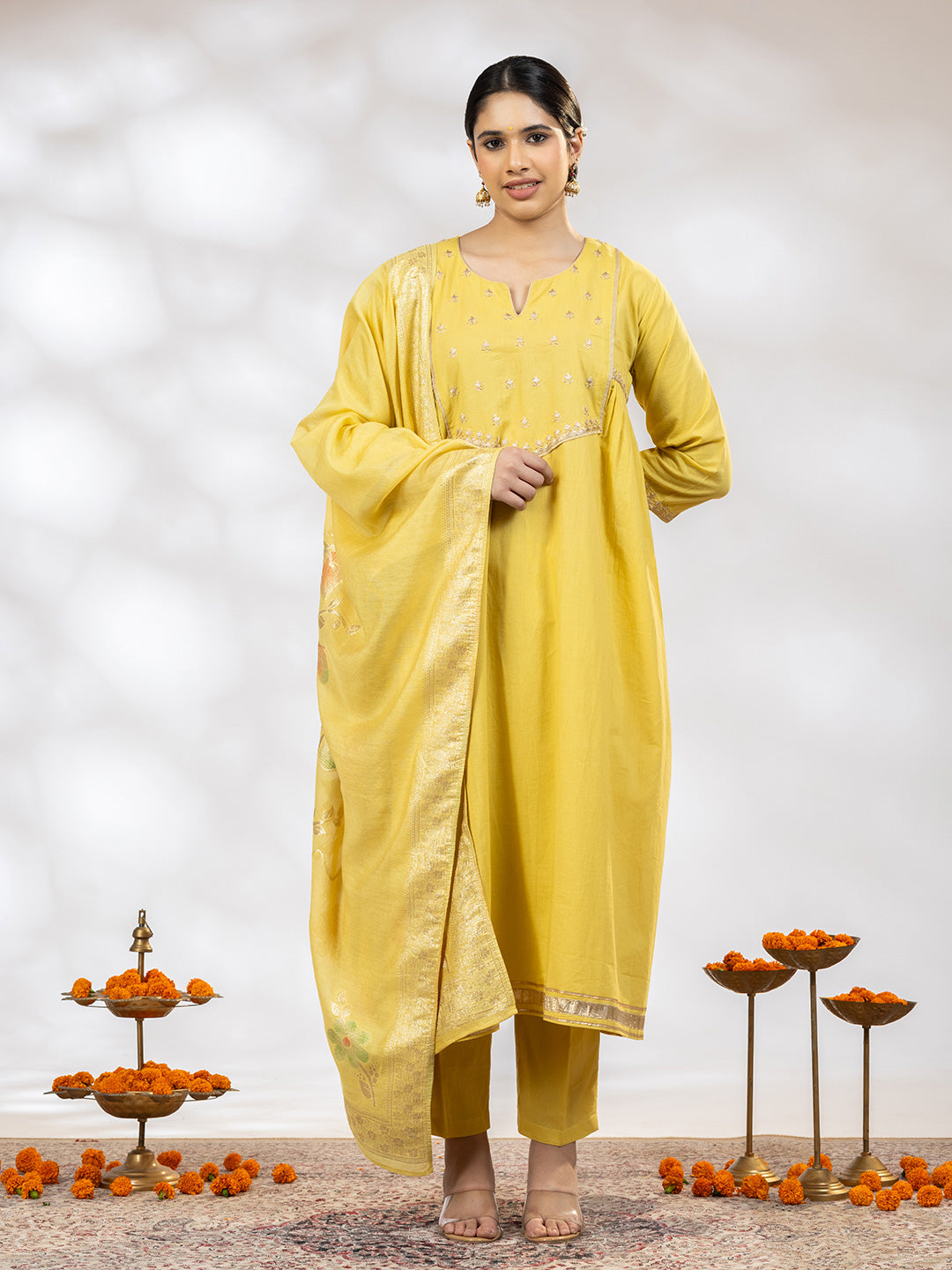 Utsav Women Yellow Zari Embroidered Suit - Set of 3