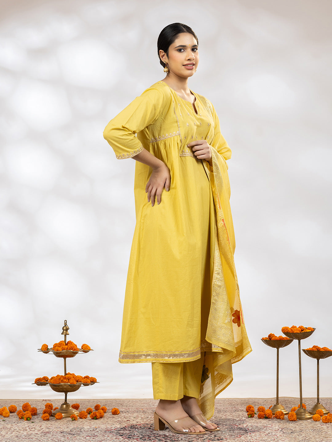Utsav Women Yellow Zari Embroidered Suit - Set of 3