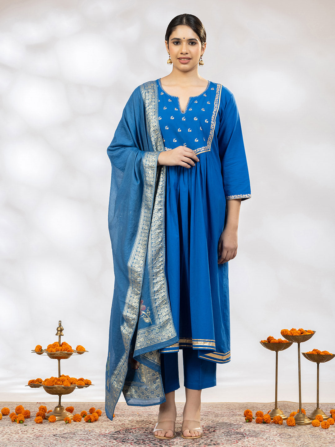 Utsav Women Blue Zari Embroidered Suit - Set of 3