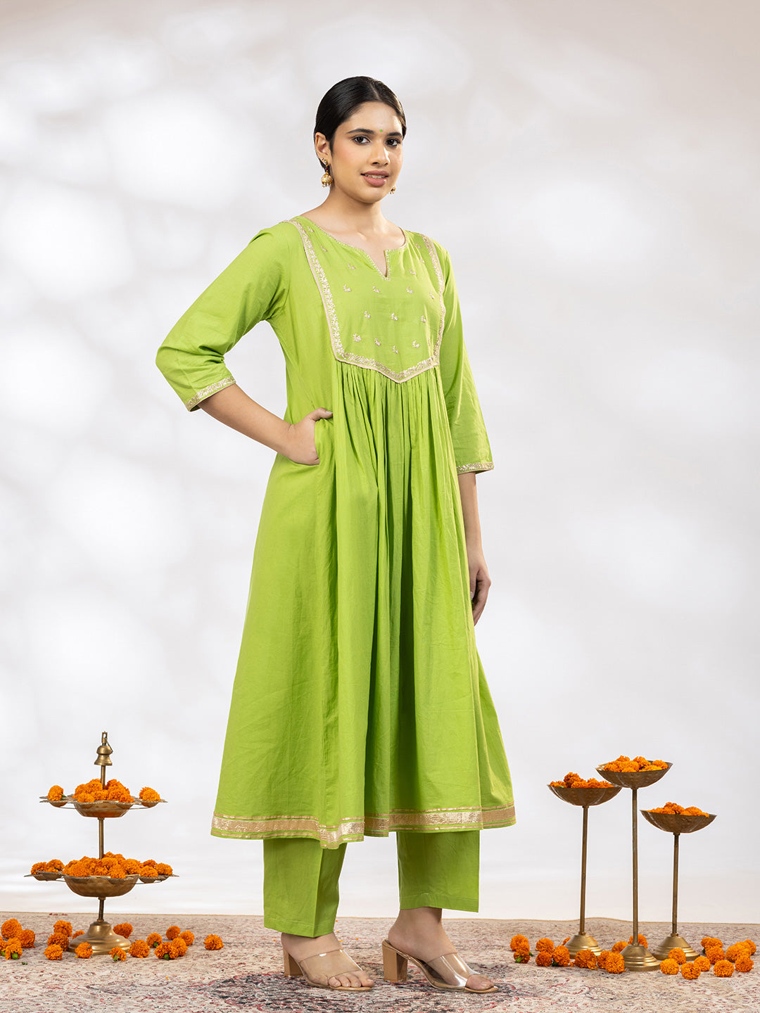 Utsav Women Green Zari Embroidered Suit - Set of 3