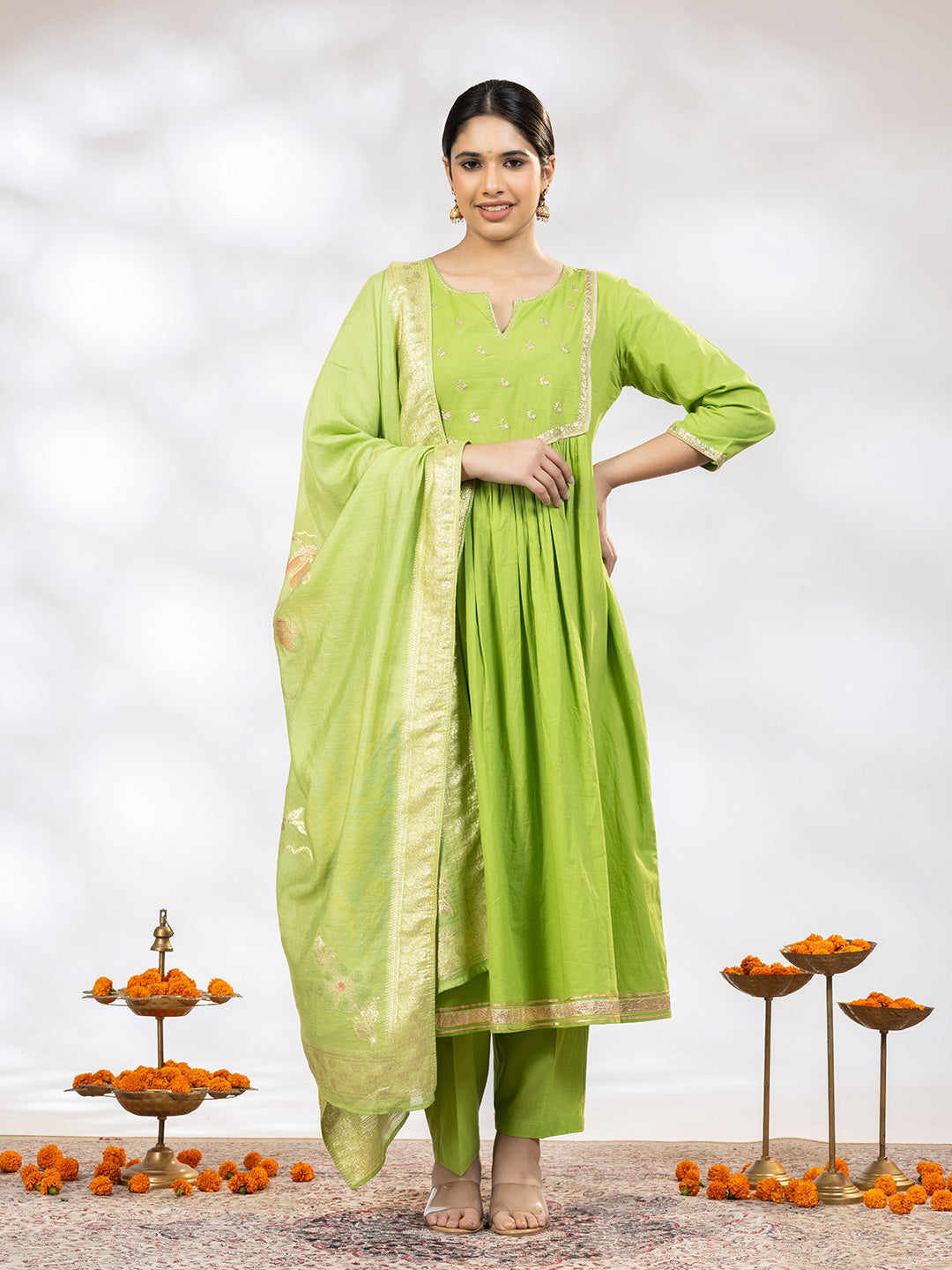 Utsav Women Green Zari Embroidered Suit - Set of 3