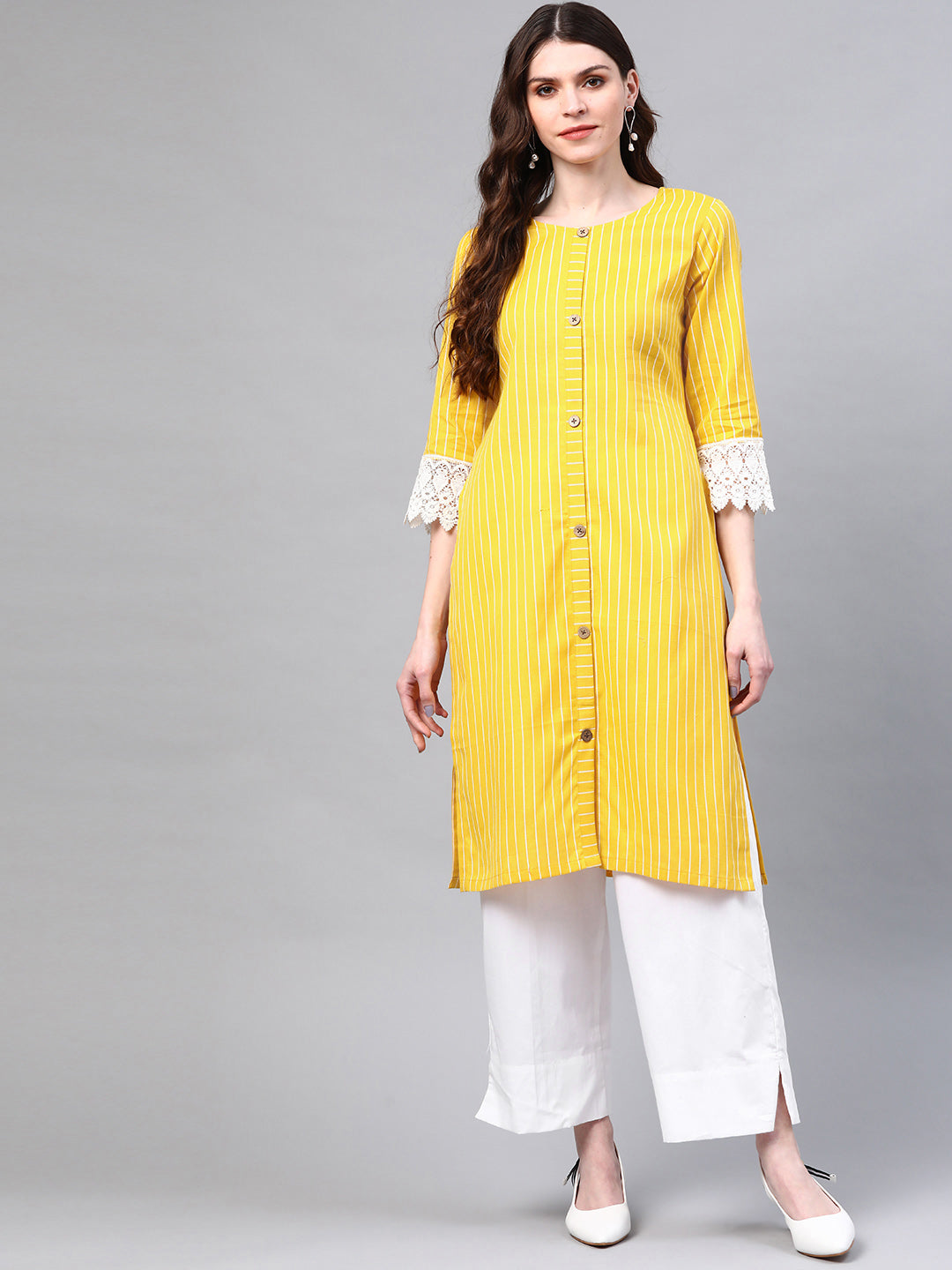 Women Mustard Yellow & White Cotton Striped Sustainable Kurta with Palazzos