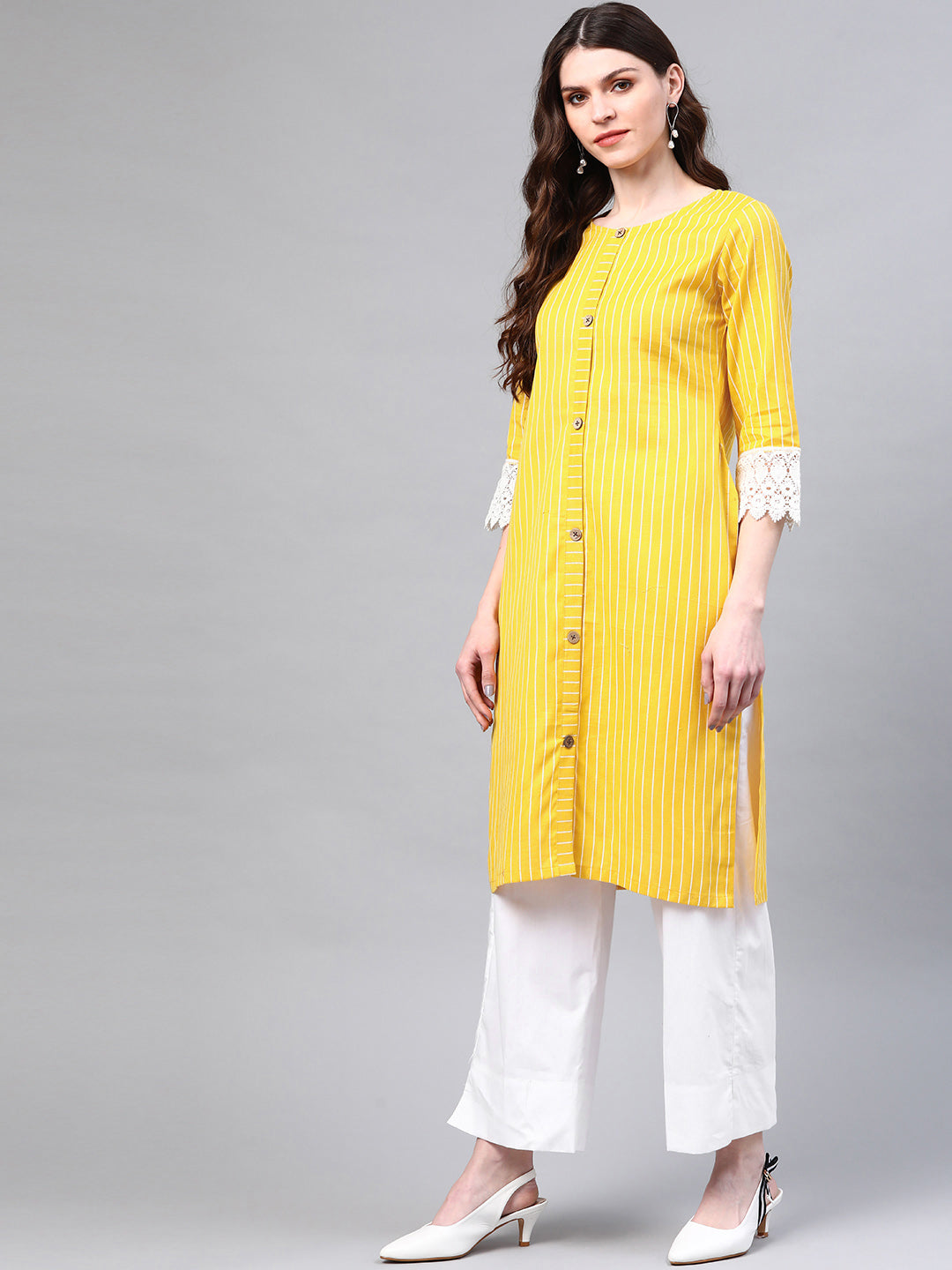 Women Mustard Yellow & White Cotton Striped Sustainable Kurta with Palazzos