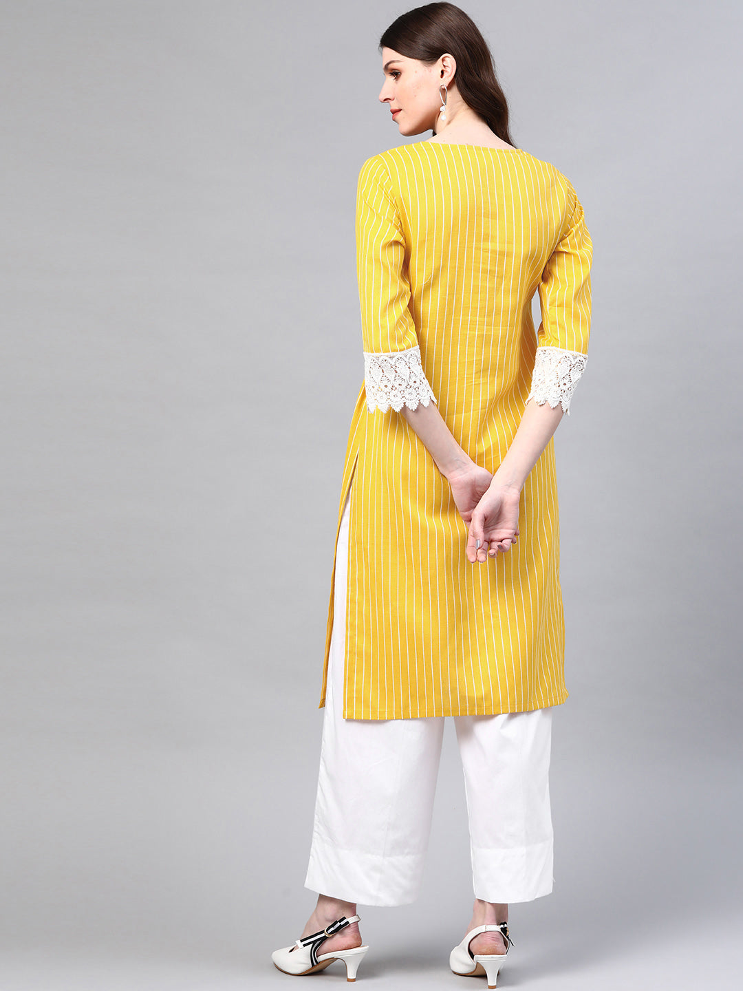 Women Mustard Yellow & White Cotton Striped Sustainable Kurta with Palazzos