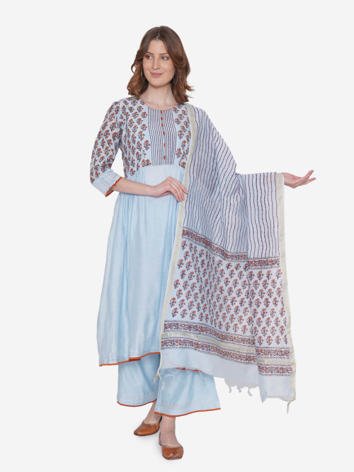 Sky Blue Block Printed </br>Pure Chanderi Kurta Palazzo </br> with Dupatta - Set of 3