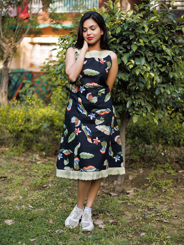 Black and Green Bird Print Pure Cotton Dress