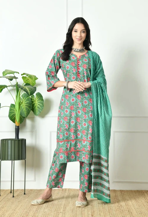 Pure Cotton green floral dupatta set