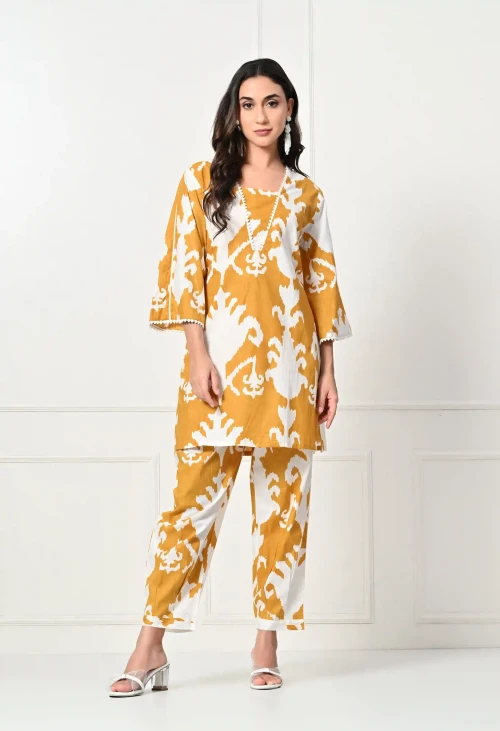 Mustard Big Flower Kurta Set With Lace Set