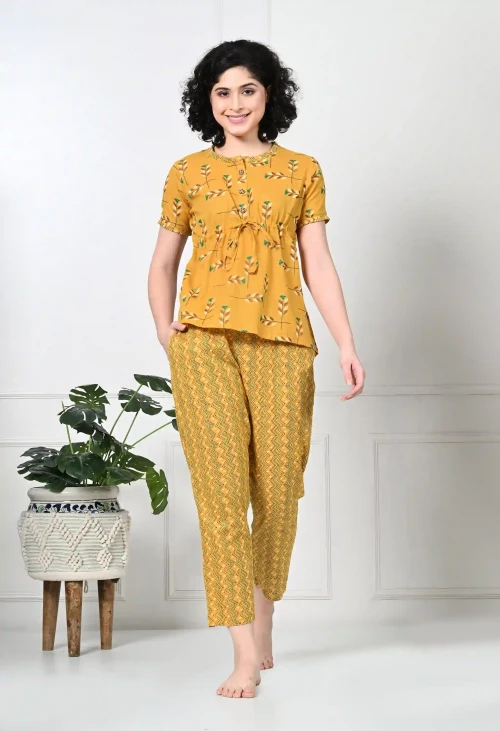 Yellow Floral Print Pure Cotton Sustainable Night suit