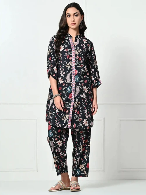 Pure Cotton Black Floral Jaal Print Kurta Set