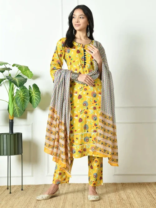 Pure Cotton yellow multifloral dupatta set