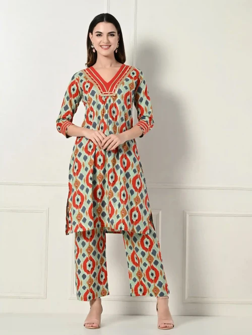 Red & Green Ikkat Kurta Set With Lace