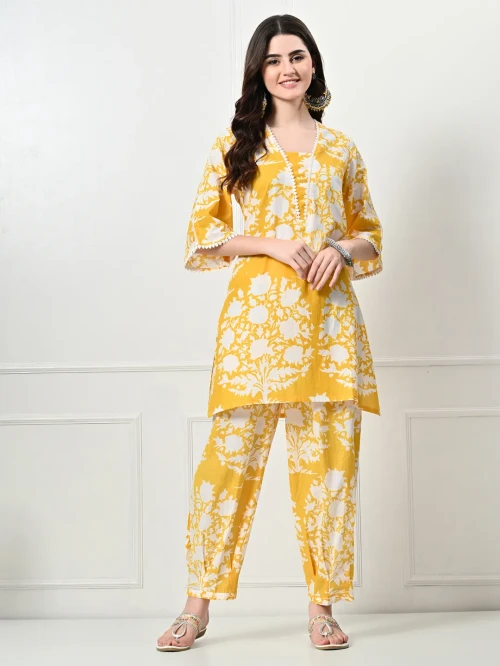 Yellow Big Floral Kurta set with Lace Details