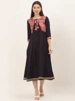 Women Navy Blue Rayon fit and flare dress with jacket