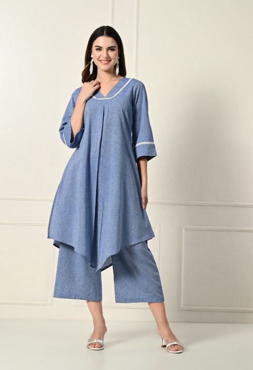 Sky Blue khadi pleated set