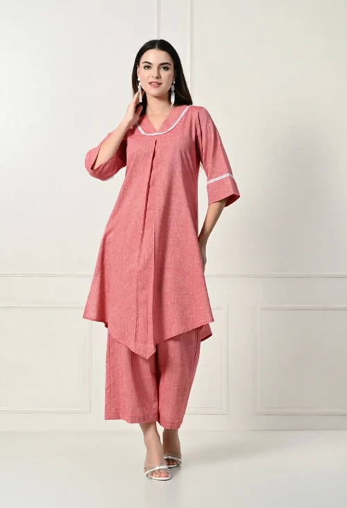 Pink khadi pleated set