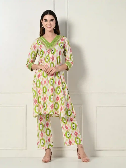 Green Ikkat Kurta Set With Lace