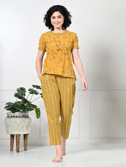 Yellow Floral Print Pure Cotton Sustainable Night suit