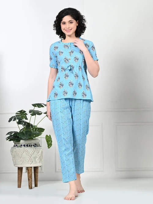 Blue Floral Print Pure Cotton Sustainable Night suit