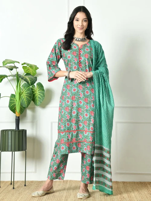 Pure Cotton green floral dupatta set