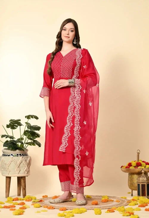 Hot Pink Thread Work Hand Embroidery Suit Set