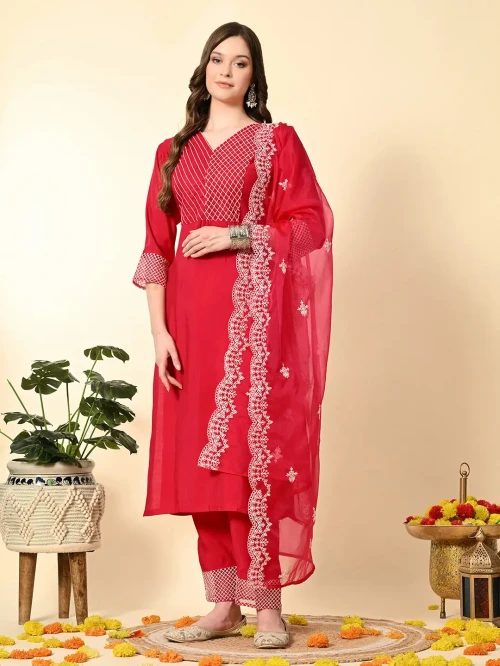 Hot Pink Thread Work Hand Embroidery Suit Set