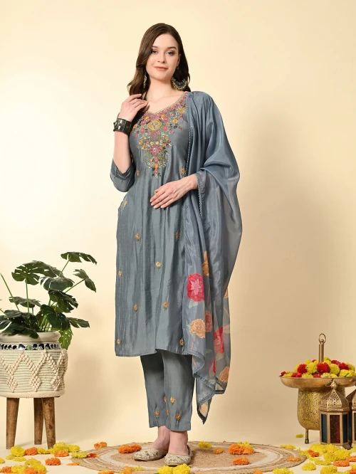 Grey Knot Work Hand Embroidery Suit Set