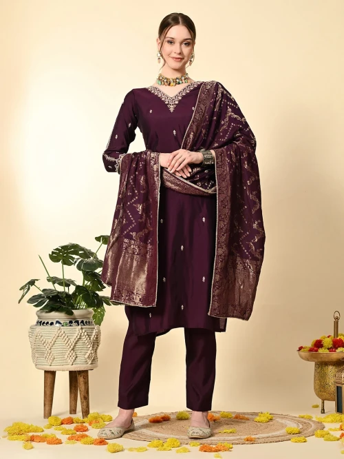 Wine Hand Embroidery Suit Set