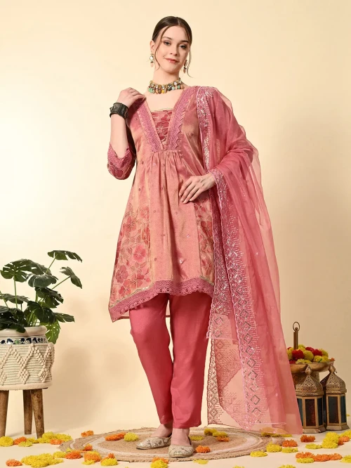 Pink Gold Tissue  Embroidery Suit Set