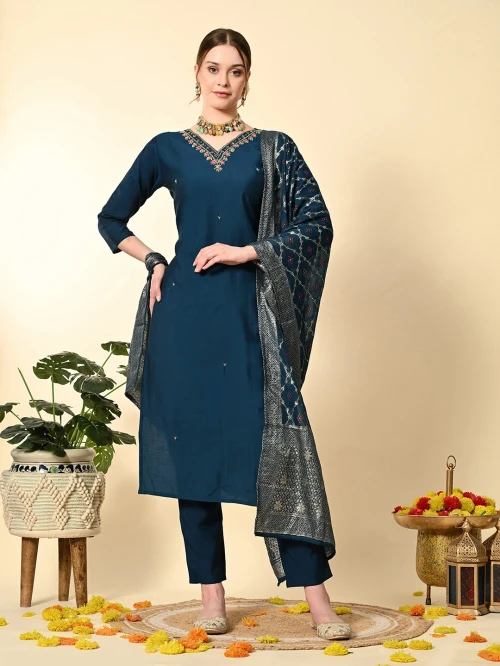 Petrol Blue Hand Embroidered Silk Suit Set - Set of 3