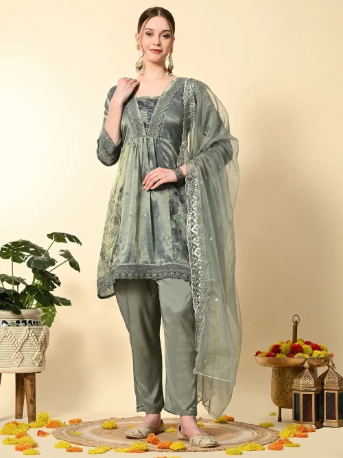 Greenish Blue  Tissue Embroidery Suit Set