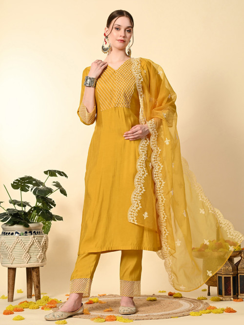 Mustard Yellow Thread Work  Embroidery Suit Set