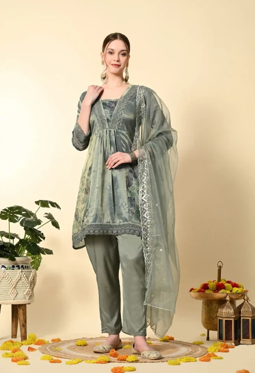 Greenish Blue  Tissue Embroidery Suit Set