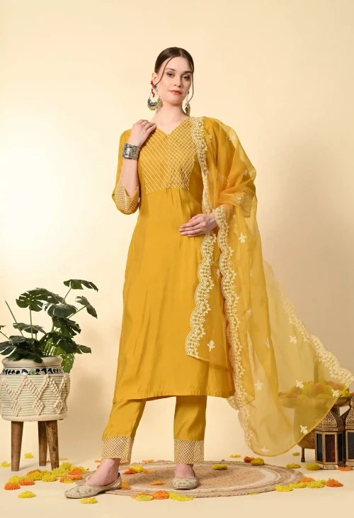 Mustard Yellow Thread Work  Embroidery Suit Set