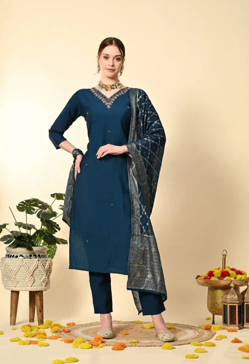 Petrol Blue Hand Embroidered Silk Suit Set - Set of 3