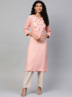 Peach-Coloured Yoke Embroidered Straight Kurta