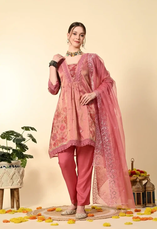 Pink Gold Tissue  Embroidery Suit Set