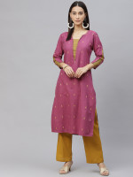 Pink & Golden Weaved Handloom  Cotton Kurta with Thread Work