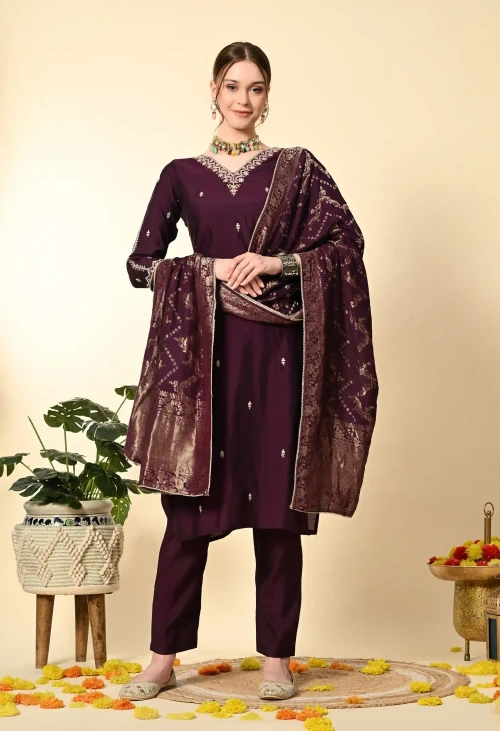 Wine Hand Embroidery Suit Set