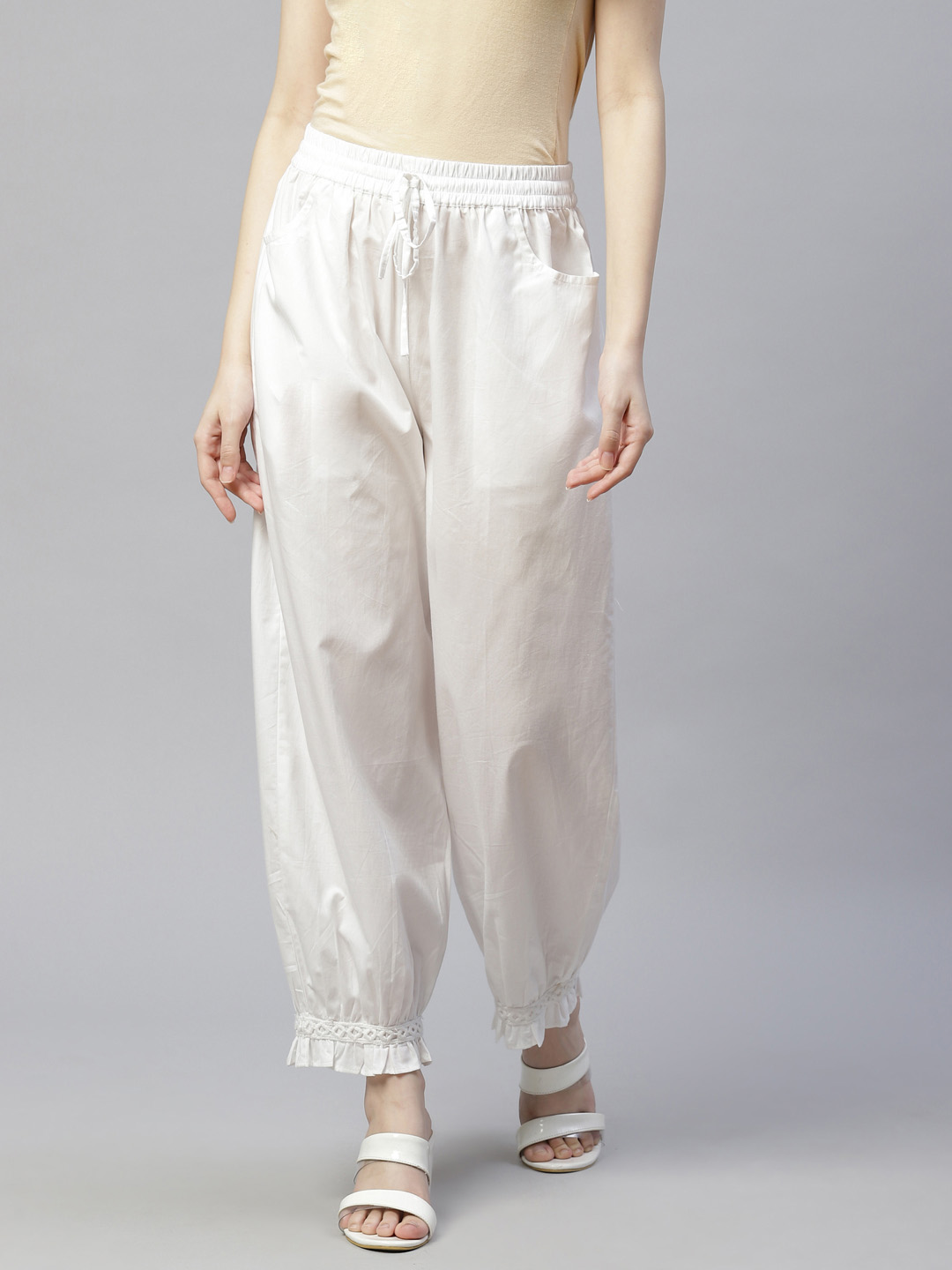 Cotton Linen Harem Pants for Women Elastric Waist Lace Patchwork Capri  Trousers with Pockets Floral Embroidery Ruffle Hem Plus Size Casual Pant -  Walmart.com